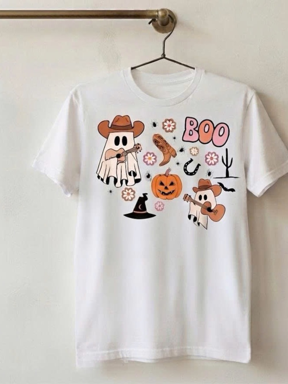 Halloween Ghost Cowboy Graphic Tee with Orange Accents